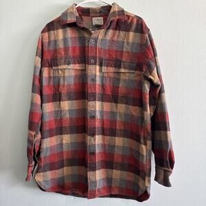LL Bean Flannel Shirt Mens M Tall Red/brown Plaid Medium Weight Traditional Fit